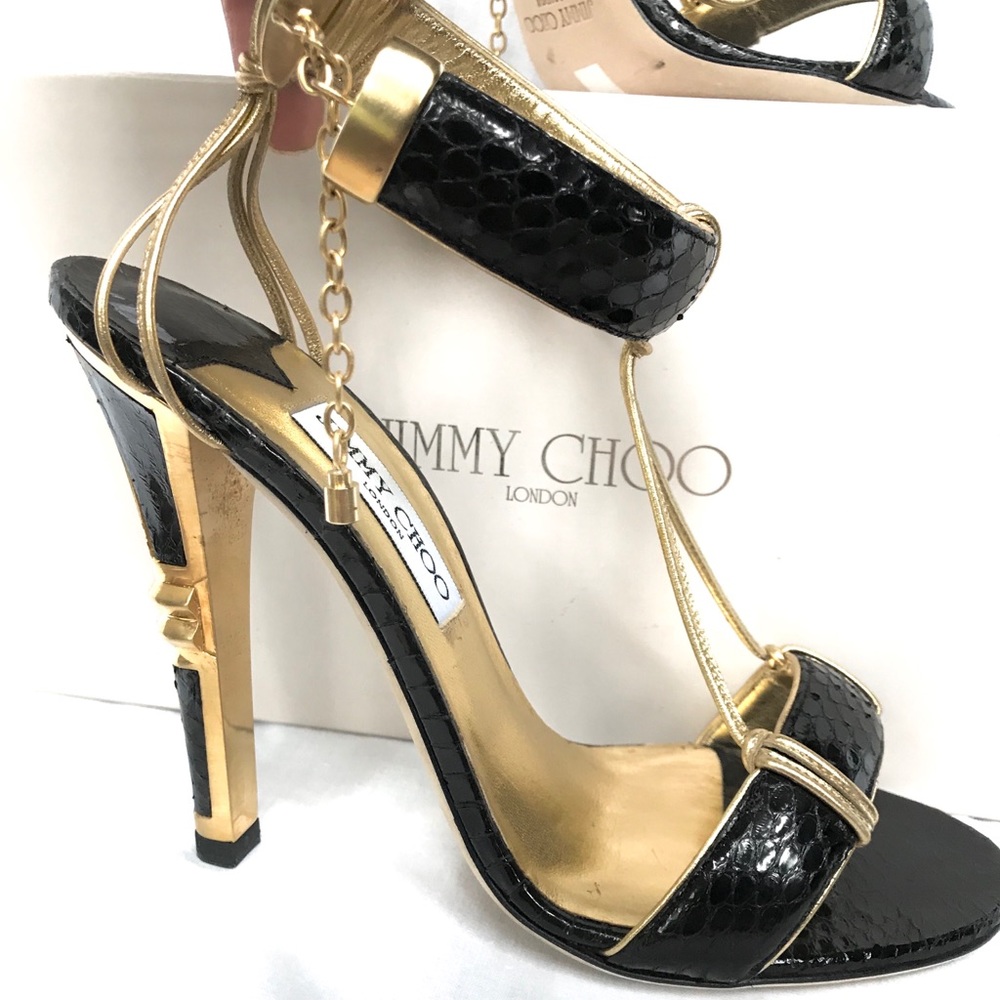 JIMMY CHOO Black/Gold Elaphe Snakeskin Sandals 40